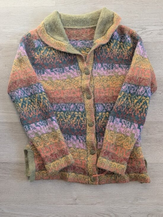 None Sweaters - Vintage Fair Isle Cardigan Sweater Multicolor Knit Shawl Collar Boho Cottagecore